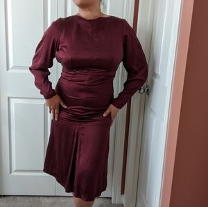 Burgundy Satin Long Sleeve Midi Dress